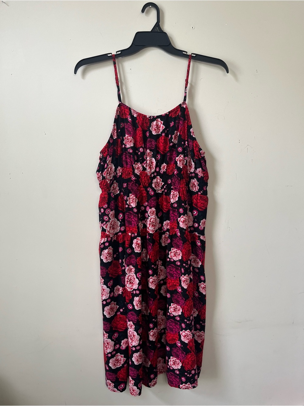 Old Navy Black Dress with Red & Pink Floral Pattern